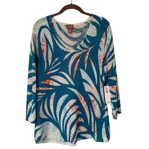 Chico's Size 2 Teal Blue, White & Orange Palm 3/4 Sleeve Knit V-Neck Shirt, NWT